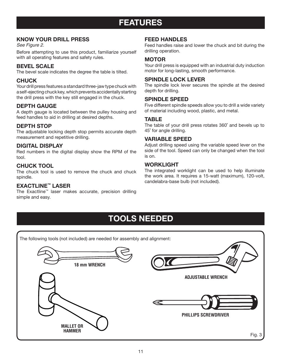 Features, Tools needed | Ryobi DP121 User Manual | Page 11 / 24