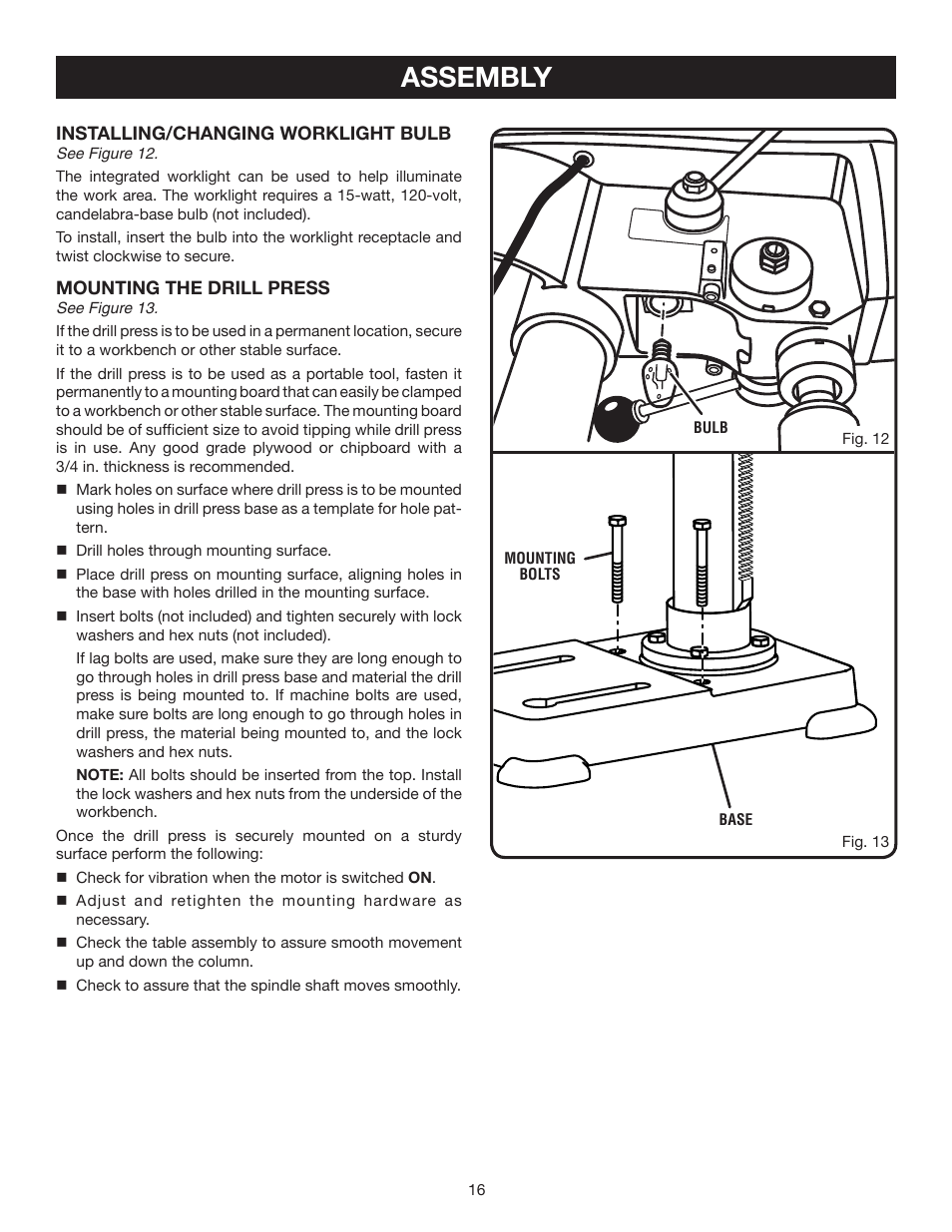 Assembly | Ryobi DP121 User Manual | Page 16 / 24