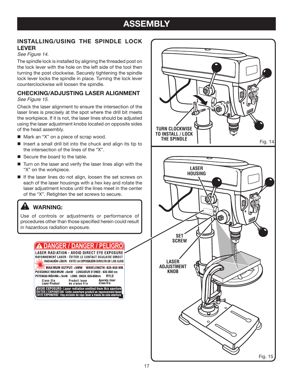 Assembly, Danger / danger / peligro | Ryobi DP121 User Manual | Page 17 / 24