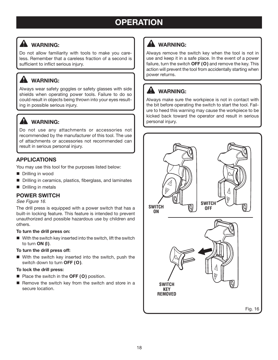 Operation | Ryobi DP121 User Manual | Page 18 / 24