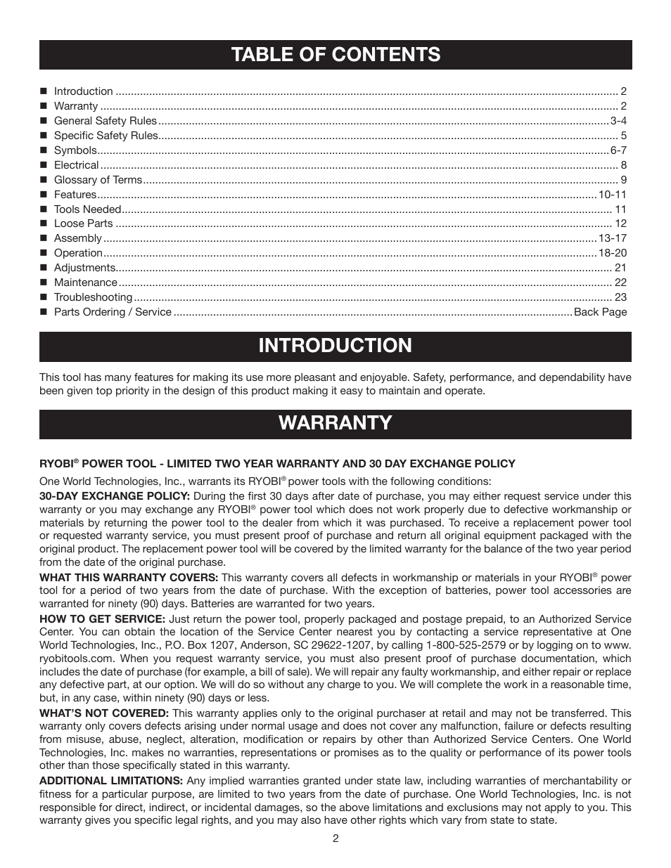 Table of contents introduction, Warranty | Ryobi DP121 User Manual | Page 2 / 24