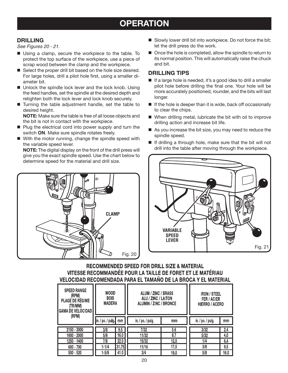 Operation | Ryobi DP121 User Manual | Page 20 / 24