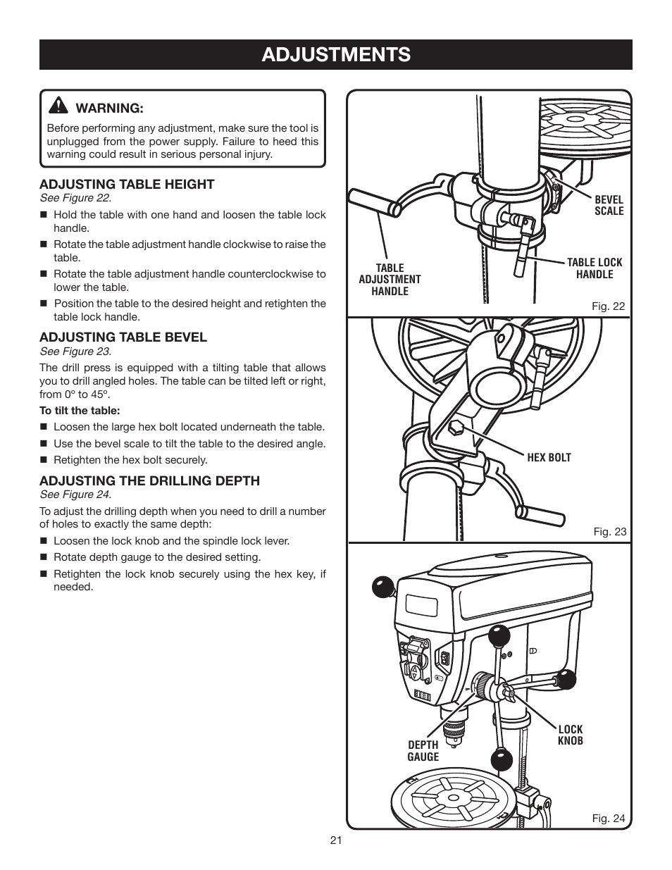 Adjustments | Ryobi DP121 User Manual | Page 21 / 24