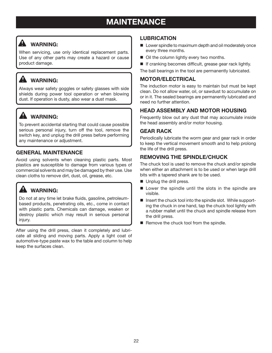 Maintenance | Ryobi DP121 User Manual | Page 22 / 24