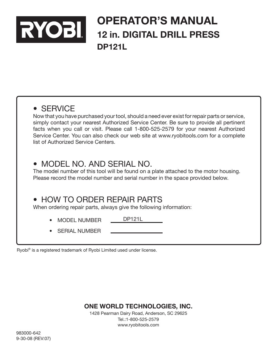 Operator’s manual, 12 in. digital drill press, Dp121l | Service, Model no. and serial no, How to order repair parts | Ryobi DP121 User Manual | Page 24 / 24