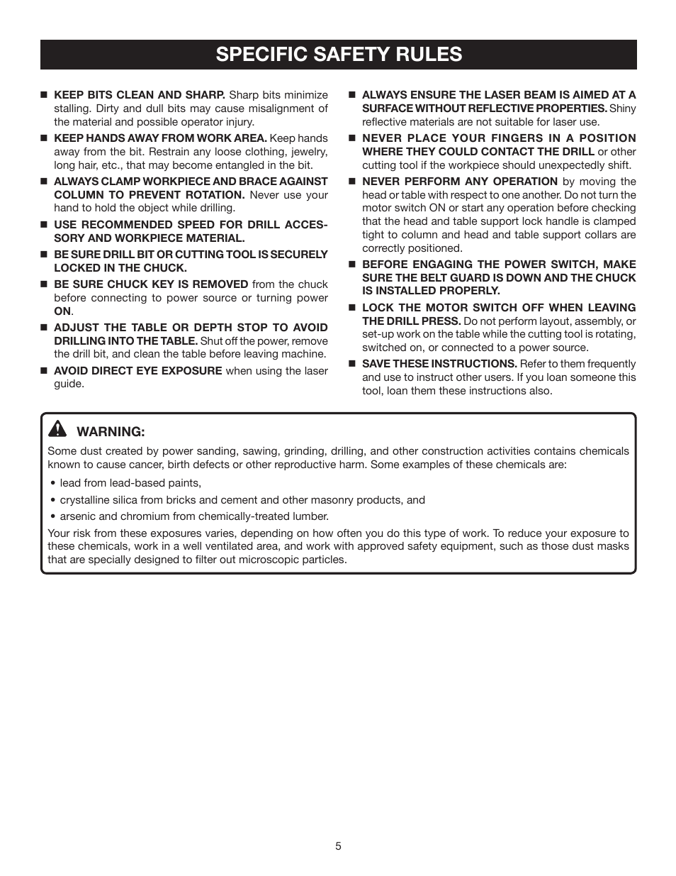 Specific safety rules | Ryobi DP121 User Manual | Page 5 / 24