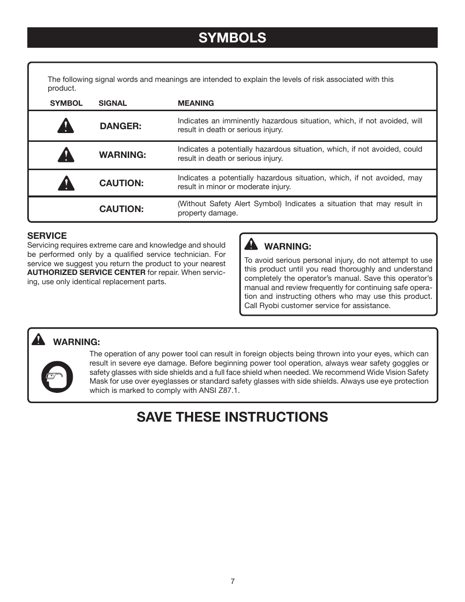 Symbols, Save these instructions | Ryobi DP121 User Manual | Page 7 / 24