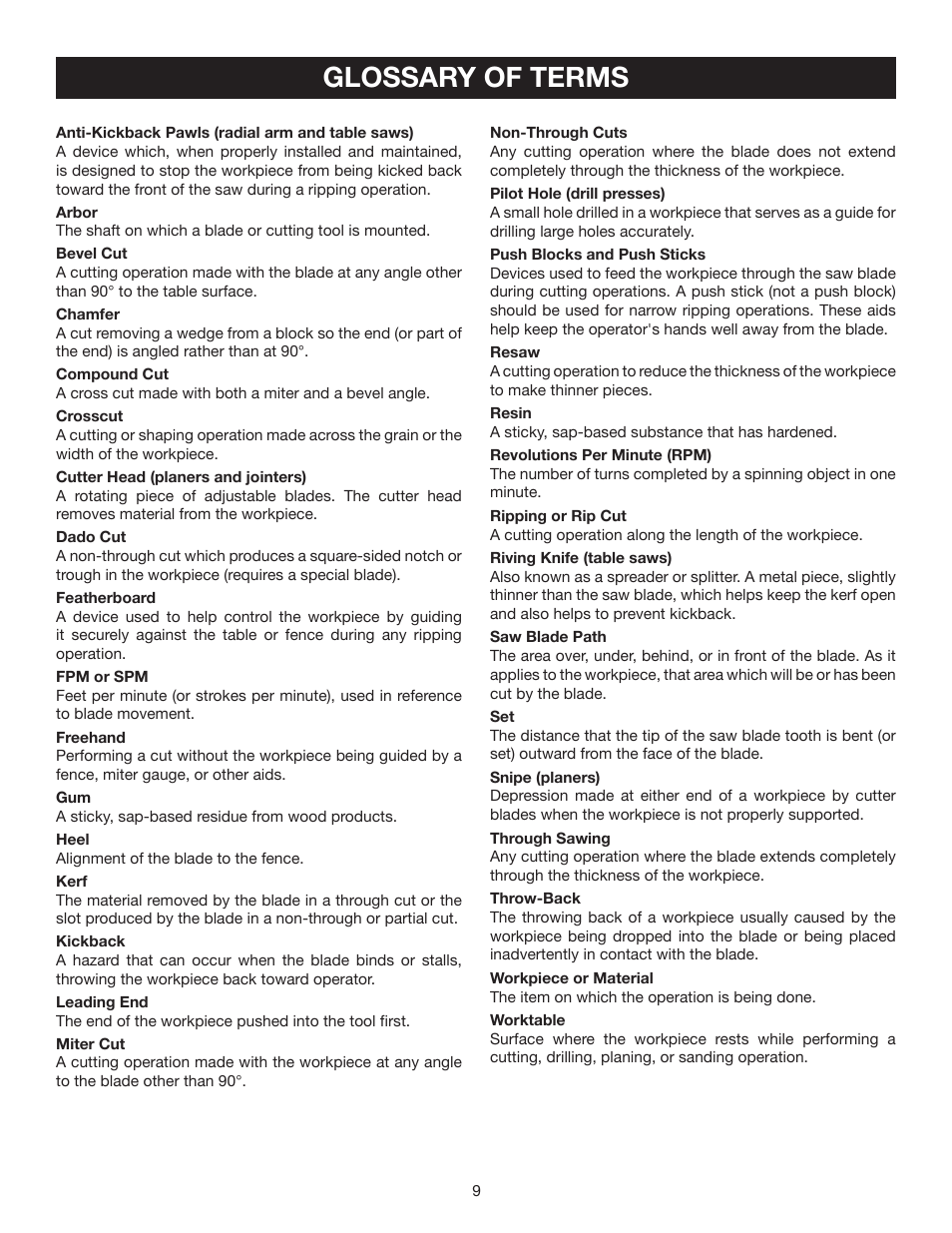 Glossary of terms | Ryobi DP121 User Manual | Page 9 / 24