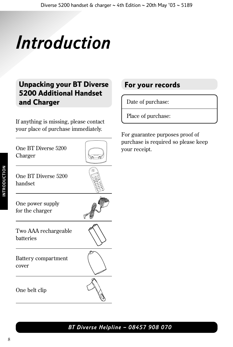 Introduction, For your records, Date of purchase: place of purchase | BT Diverse 5200 User Manual | Page 10 / 45