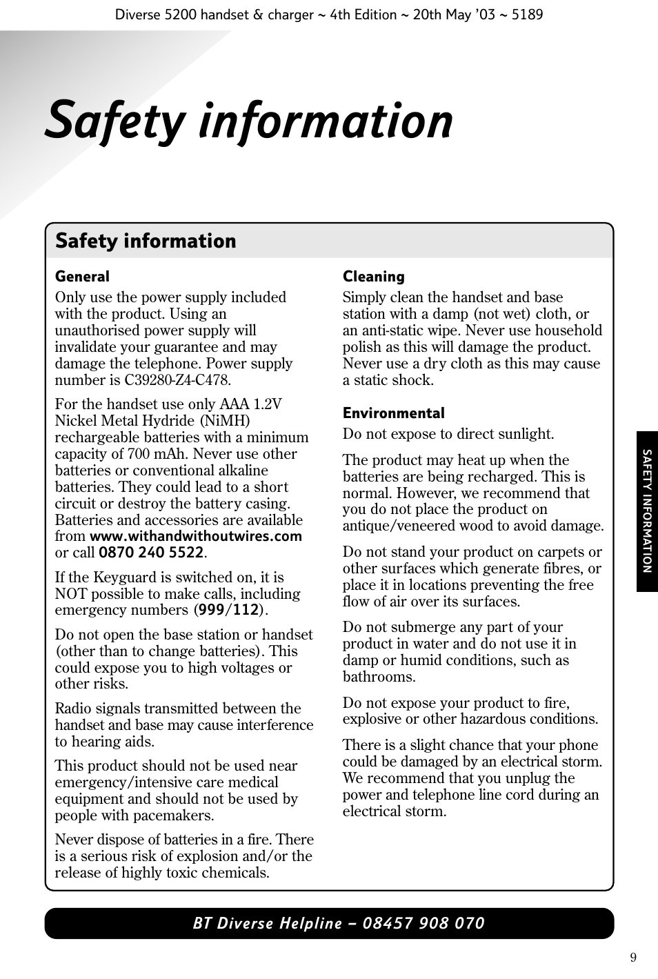 Safety information | BT Diverse 5200 User Manual | Page 11 / 45