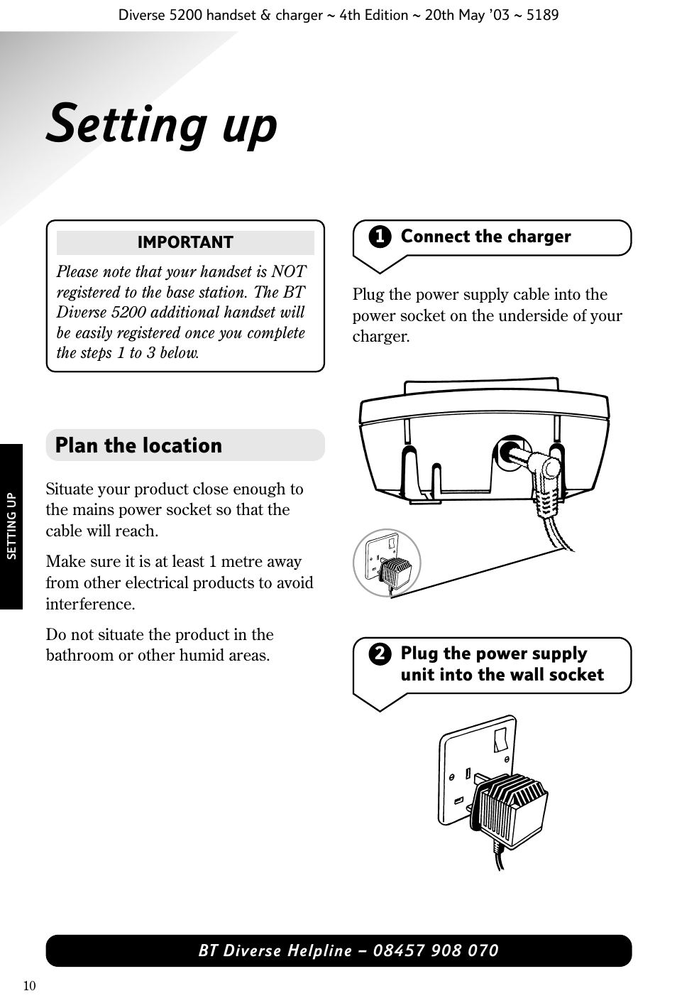 Setting up, Plan the location | BT Diverse 5200 User Manual | Page 12 / 45