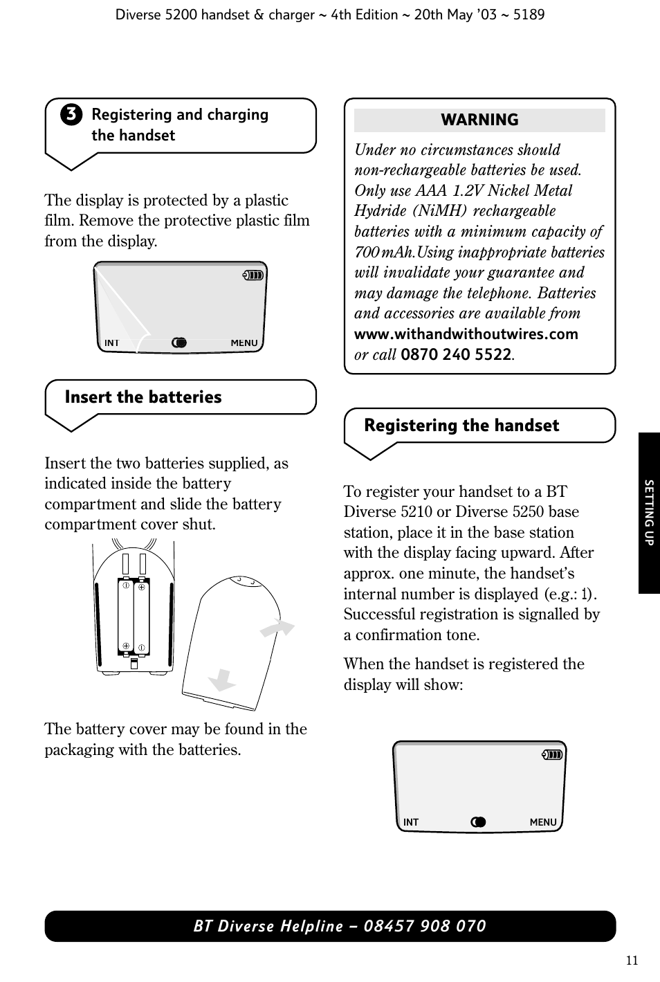 Insert the batteries, Registering the handset | BT Diverse 5200 User Manual | Page 13 / 45