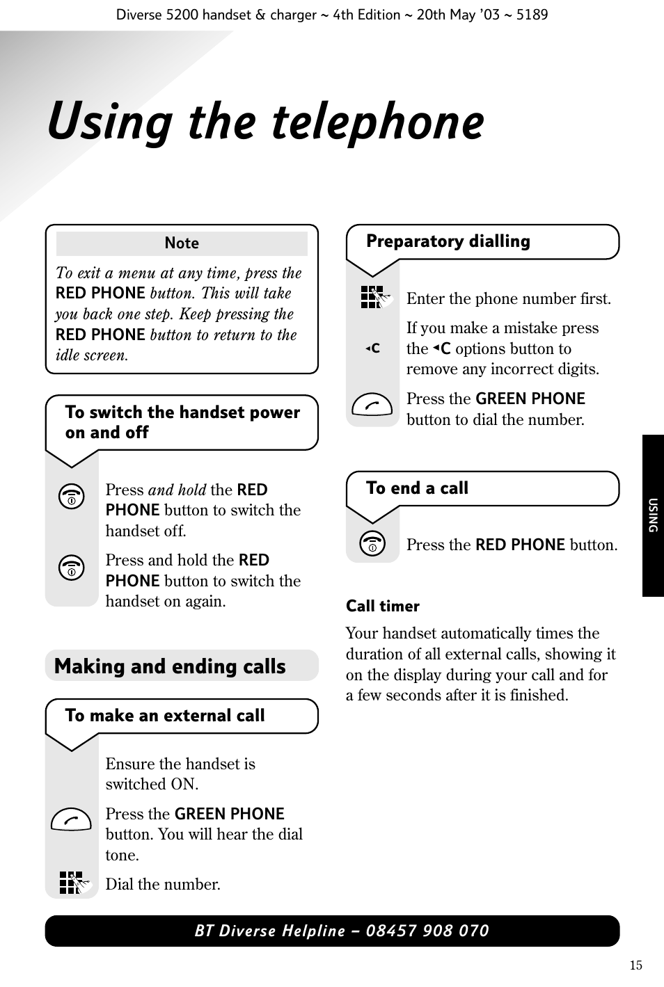 Using the telephone, Making and ending calls | BT Diverse 5200 User Manual | Page 17 / 45