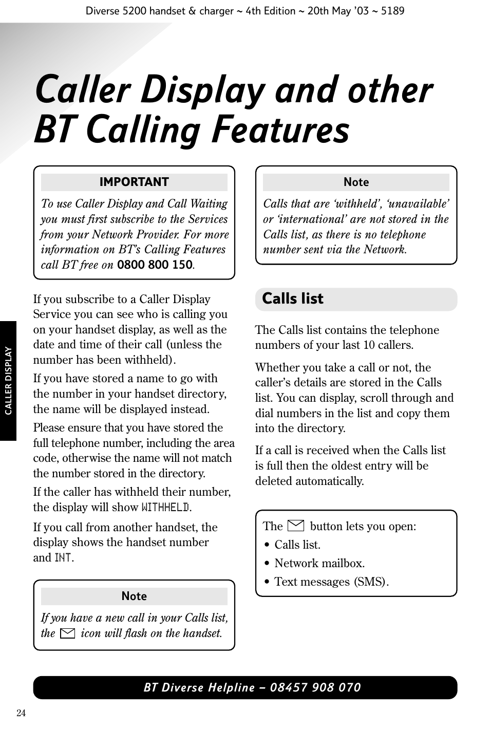 Caller display and other bt calling features, Calls list | BT Diverse 5200 User Manual | Page 26 / 45