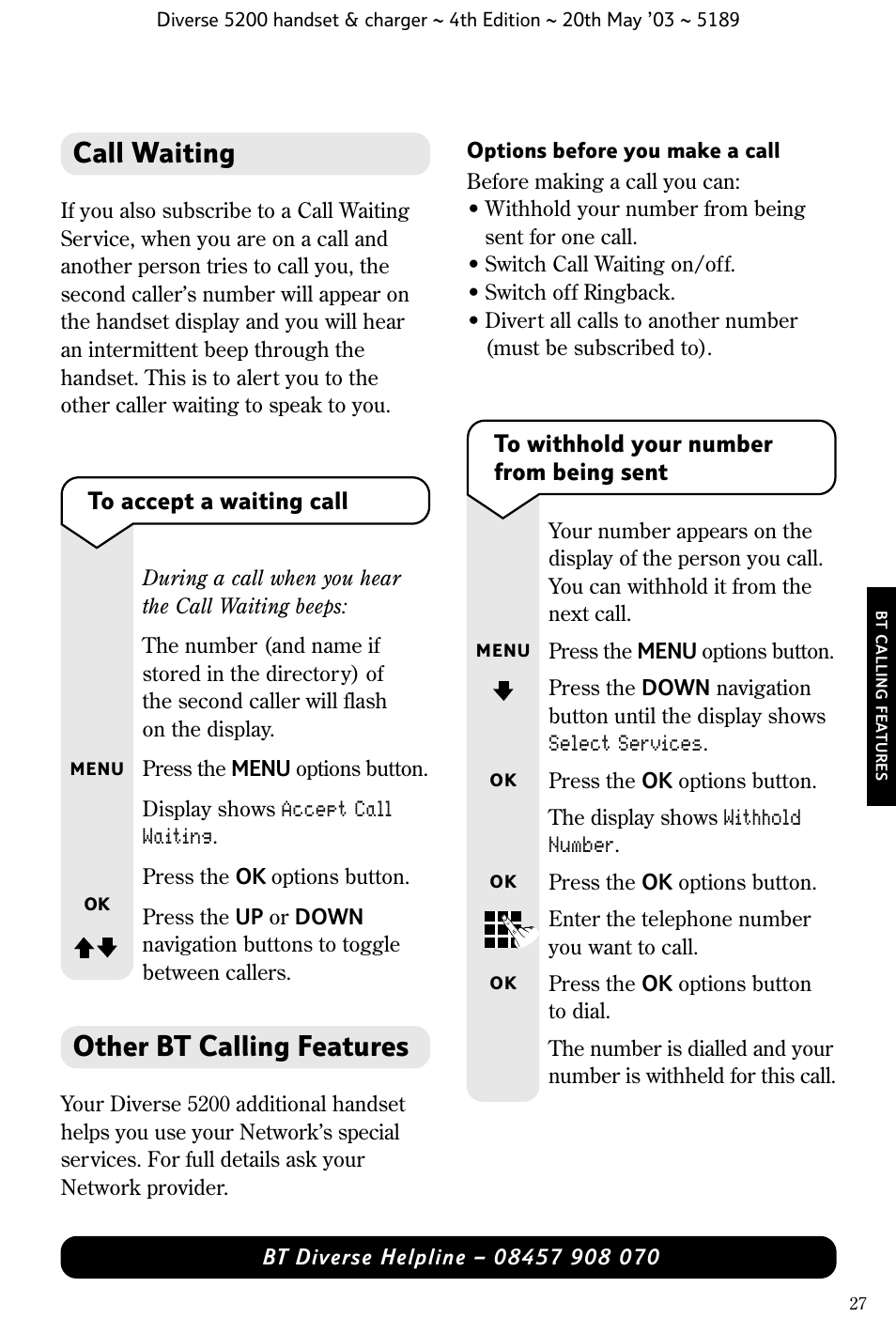 Call waiting, Other bt calling features | BT Diverse 5200 User Manual | Page 29 / 45