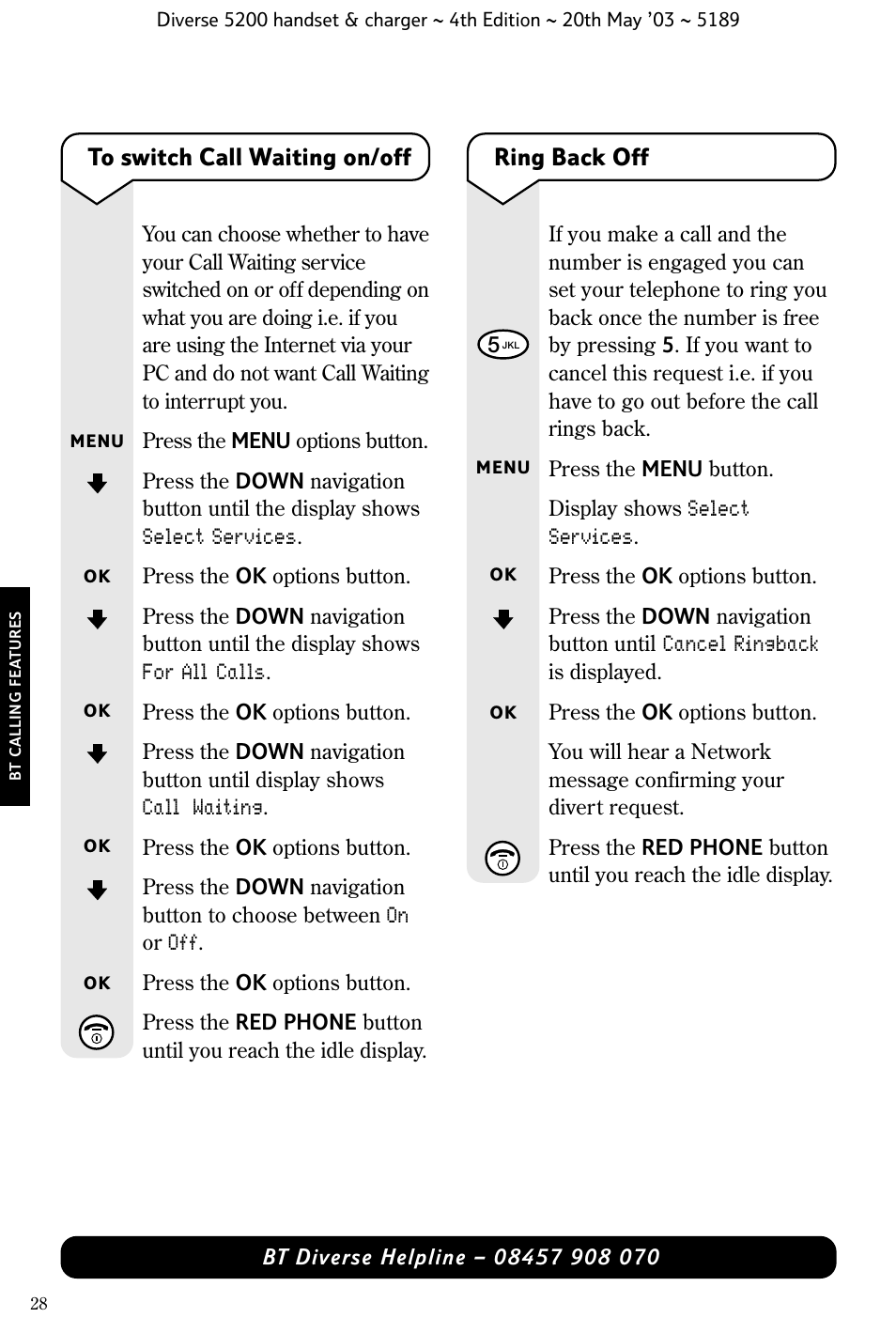 Ring back off | BT Diverse 5200 User Manual | Page 30 / 45