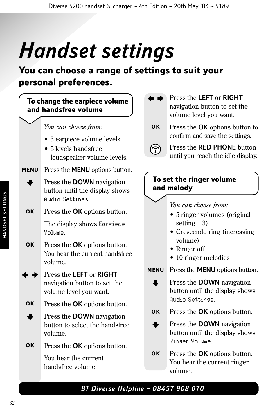 Handset settings | BT Diverse 5200 User Manual | Page 34 / 45