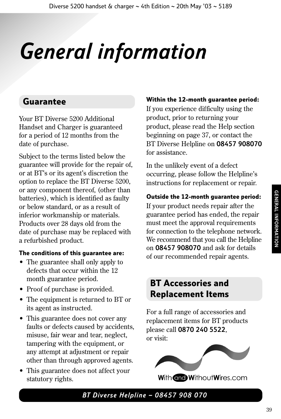 General information, Guarantee, Bt accessories and replacement items | BT Diverse 5200 User Manual | Page 41 / 45