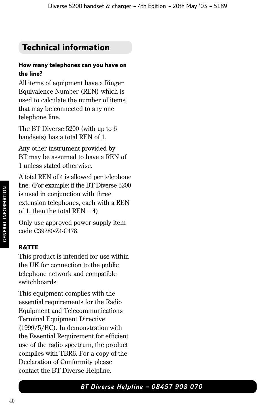 Technical information | BT Diverse 5200 User Manual | Page 42 / 45