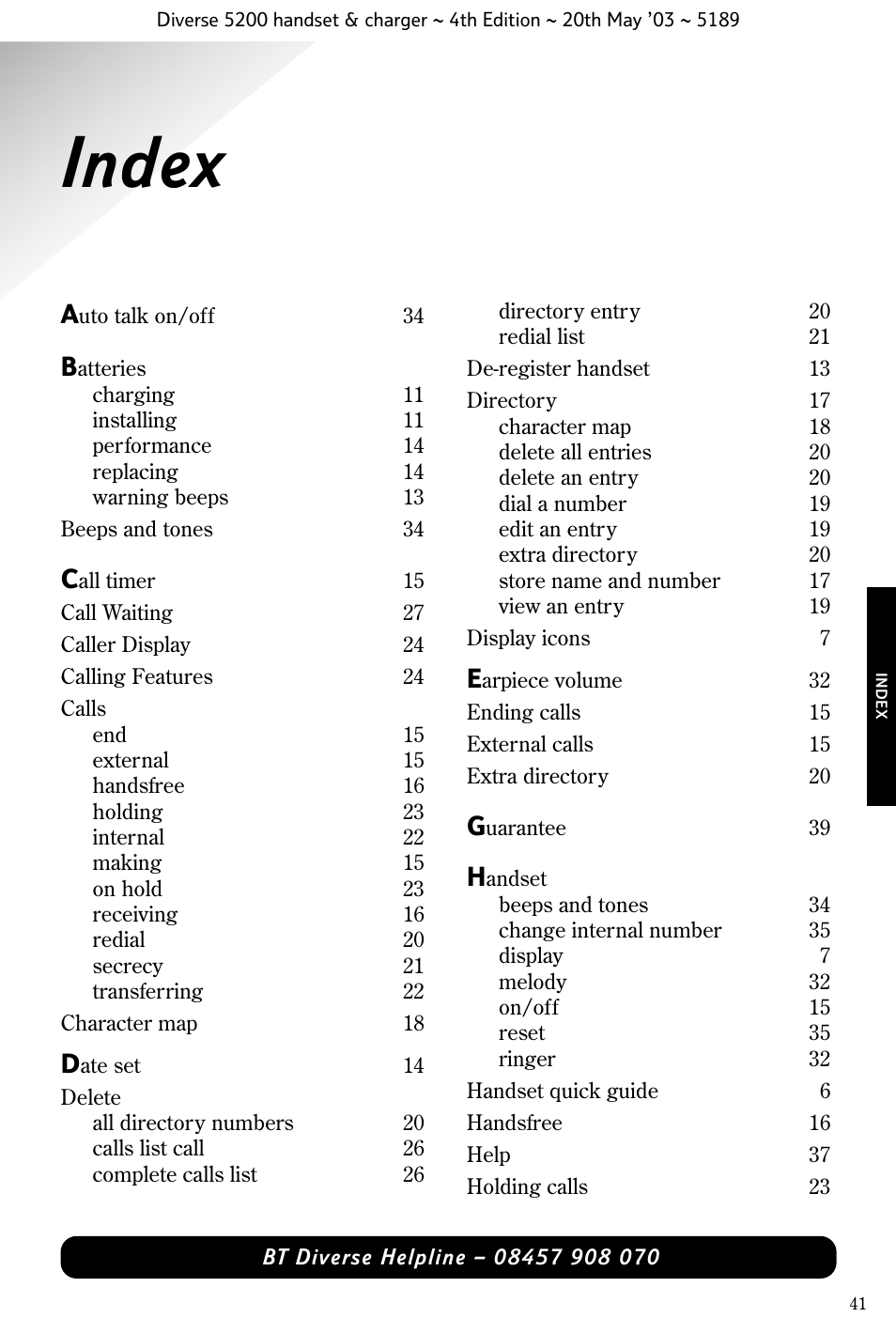 Index | BT Diverse 5200 User Manual | Page 43 / 45