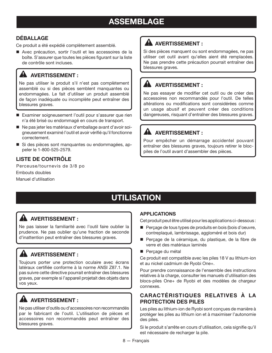 Utilisation, Assemblage | Ryobi P241 User Manual | Page 18 / 36