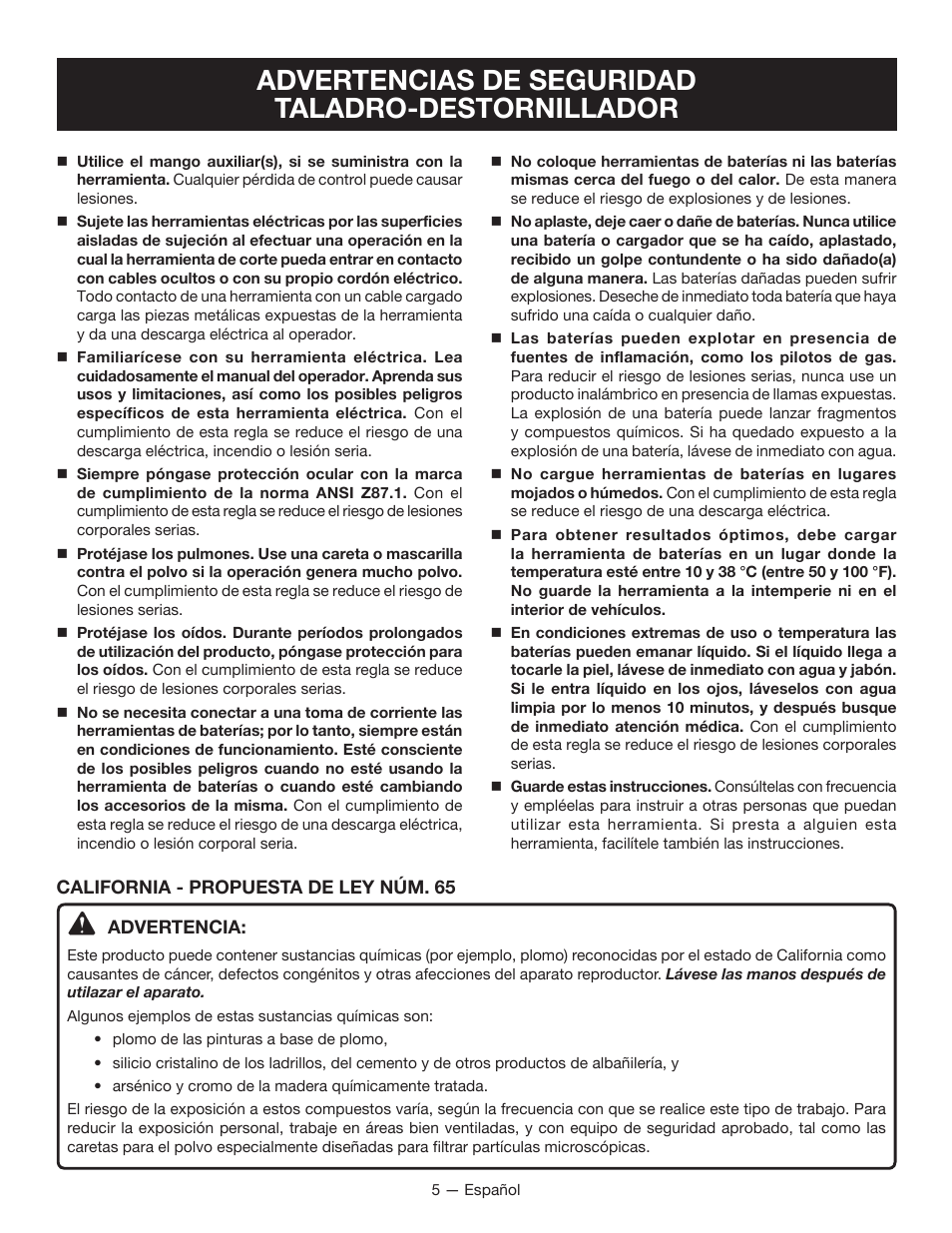 Advertencias de seguridad taladro-destornillador | Ryobi P241 User Manual | Page 25 / 36