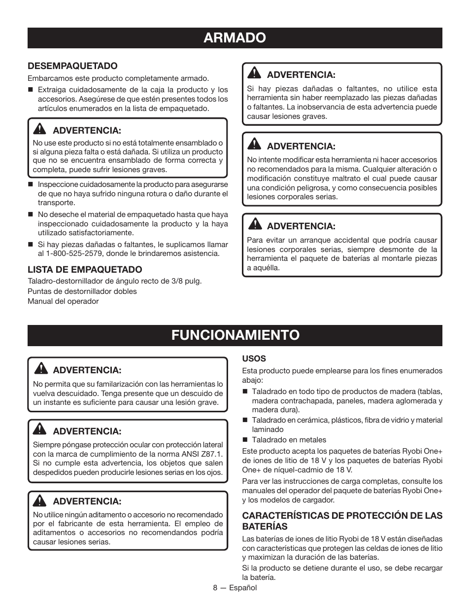 Funcionamiento, Armado | Ryobi P241 User Manual | Page 28 / 36