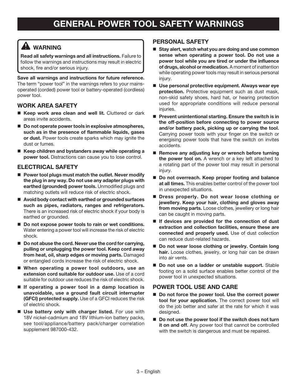 General power tool safety warnings | Ryobi P241 User Manual | Page 3 / 36