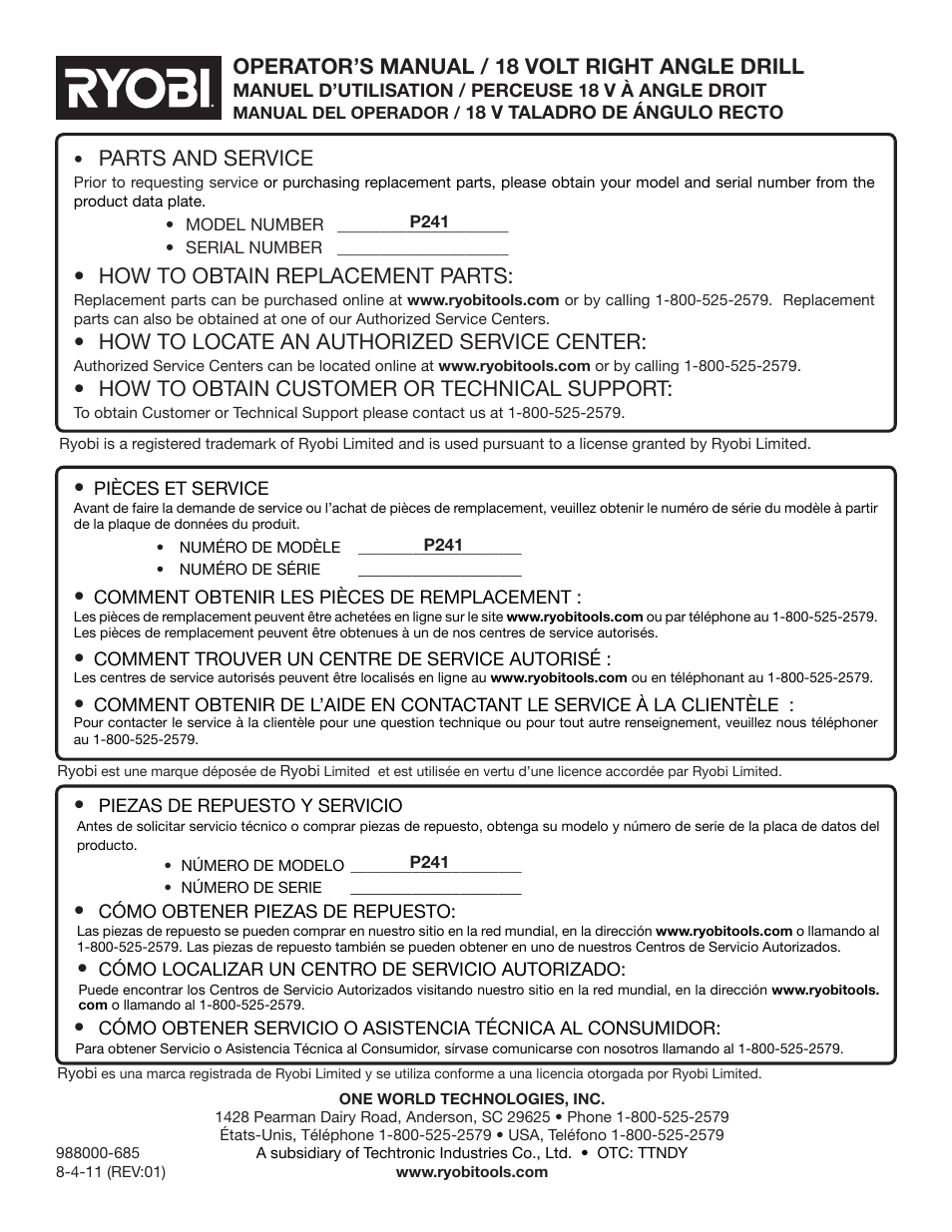 Parts and service, How to obtain replacement parts, How to locate an authorized service center | How to obtain customer or technical support, Operator’s manual / 18 volt right angle drill | Ryobi P241 User Manual | Page 36 / 36