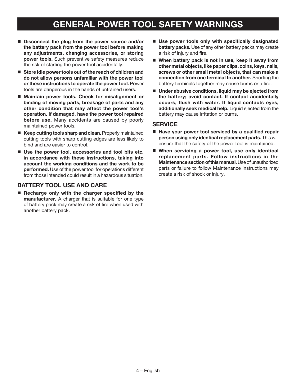 General power tool safety warnings | Ryobi P241 User Manual | Page 4 / 36