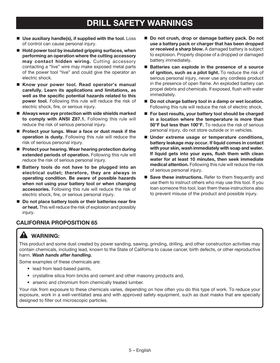 Drill safety warnings | Ryobi P241 User Manual | Page 5 / 36