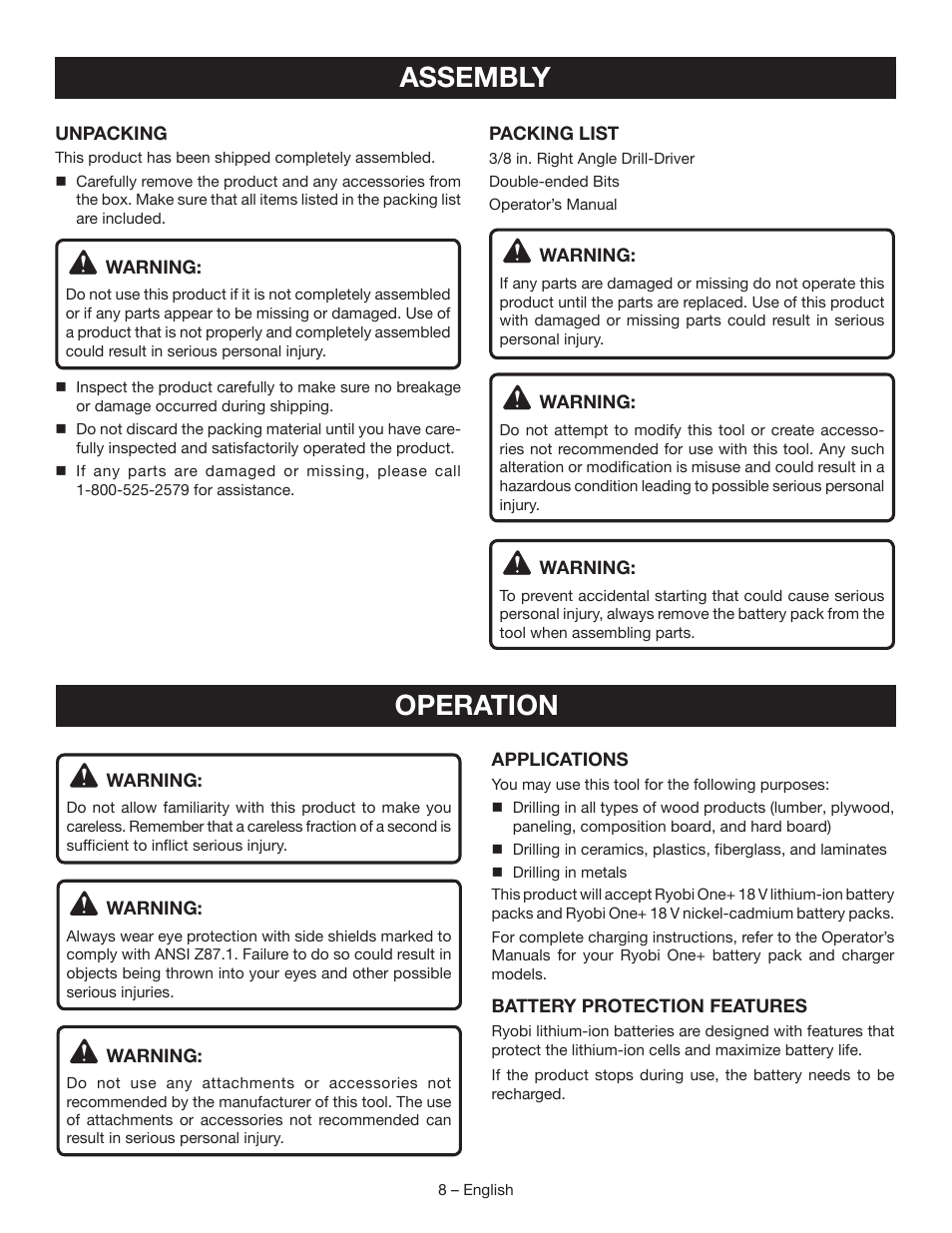 Operation, Assembly | Ryobi P241 User Manual | Page 8 / 36