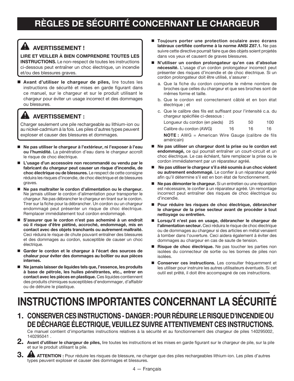 Instructions importantes concernant la sécurité, Règles de sécurité concernant le chargeur | Ryobi HP496 User Manual | Page 10 / 24