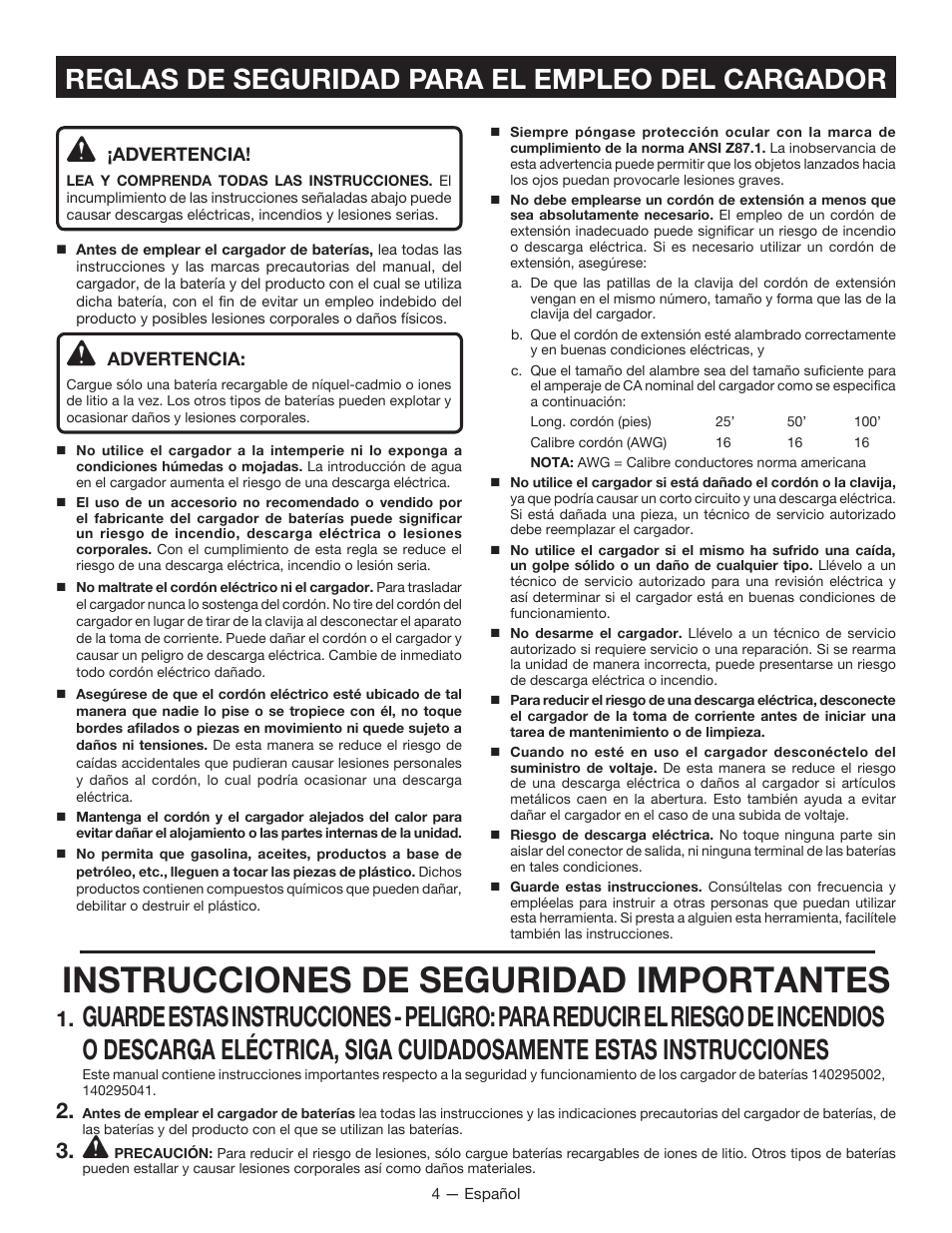 Instrucciones de seguridad importantes, Reglas de seguridad para el empleo del cargador | Ryobi HP496 User Manual | Page 16 / 24