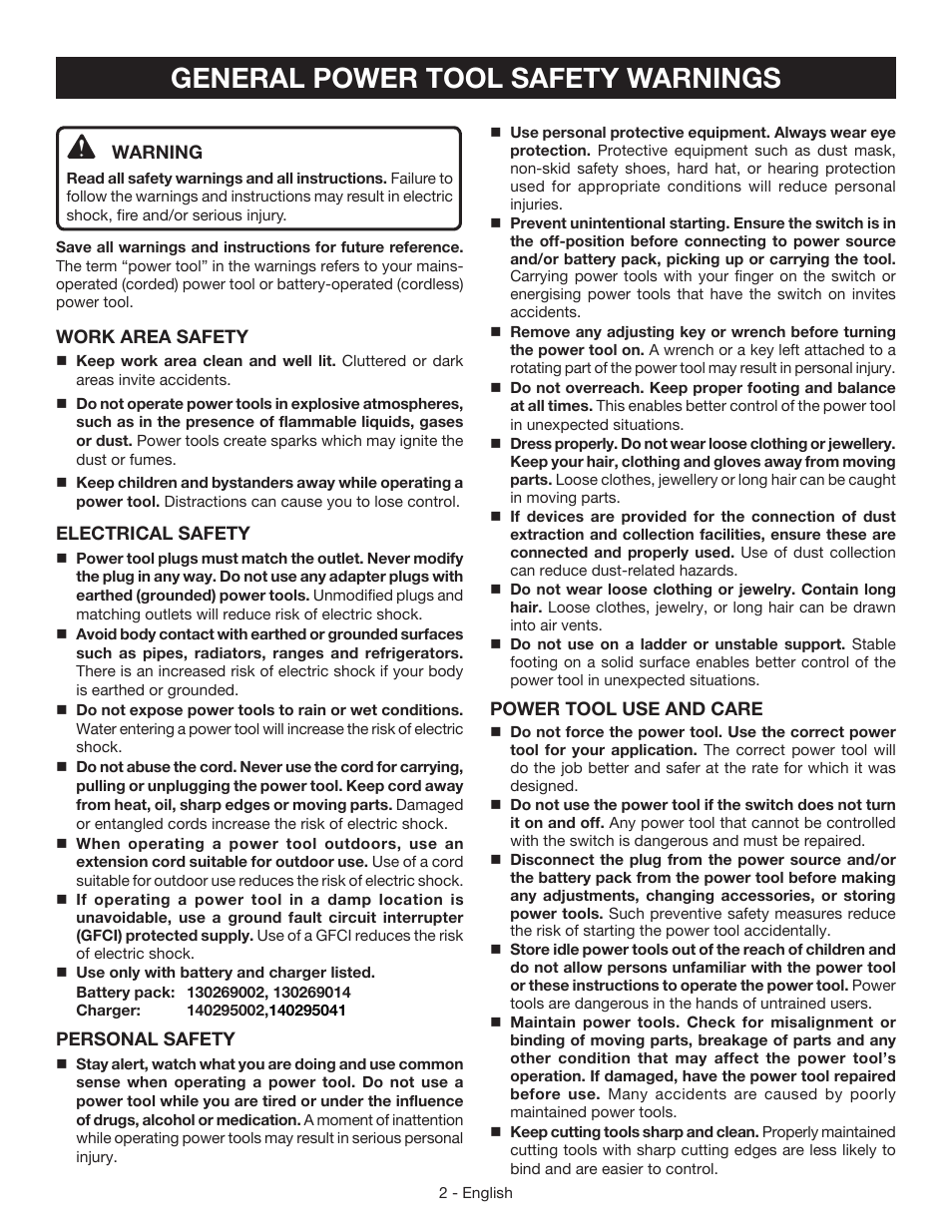 General power tool safety warnings | Ryobi HP496 User Manual | Page 2 / 24