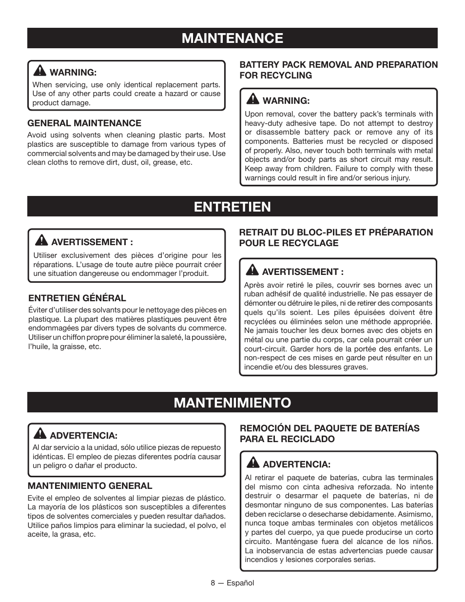 Maintenance entretien mantenimiento | Ryobi HP496 User Manual | Page 20 / 24