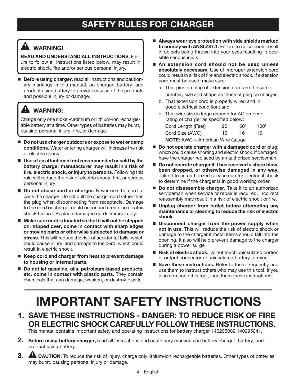 Important safety instructions, Safety rules for charger | Ryobi HP496 User Manual | Page 4 / 24