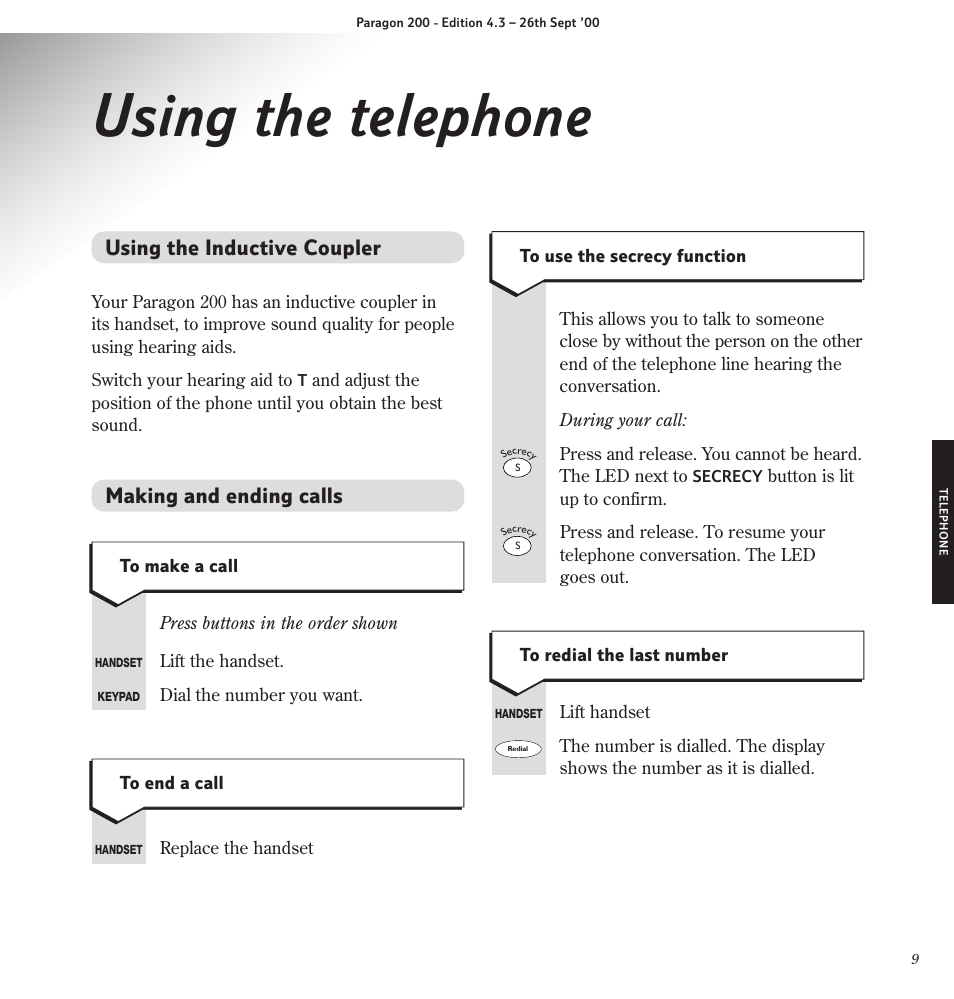 Using the telephone | BT Paragon 200 User Manual | Page 12 / 28