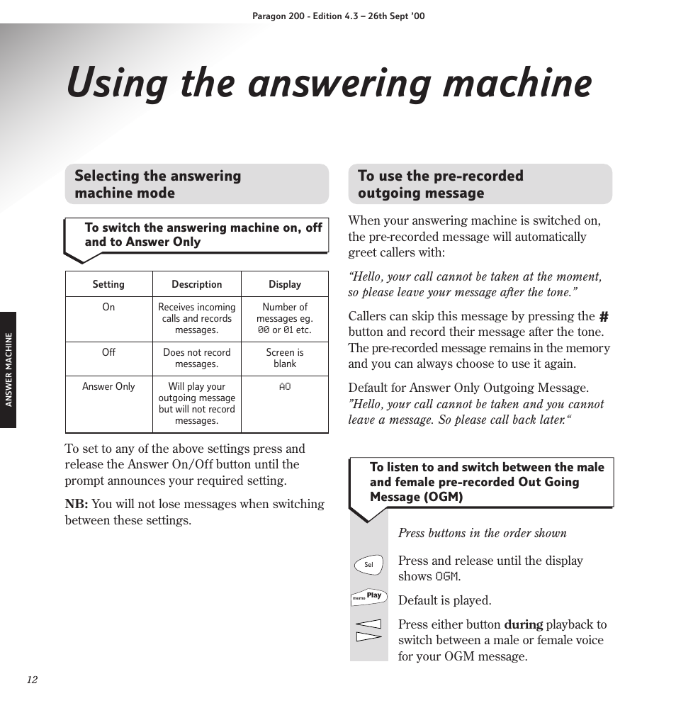 Using the answering machine | BT Paragon 200 User Manual | Page 15 / 28