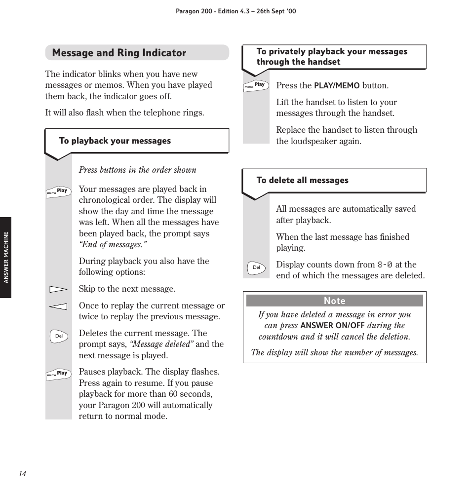 Message and ring indicator | BT Paragon 200 User Manual | Page 17 / 28