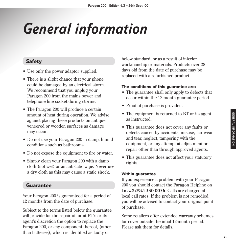 General information | BT Paragon 200 User Manual | Page 22 / 28
