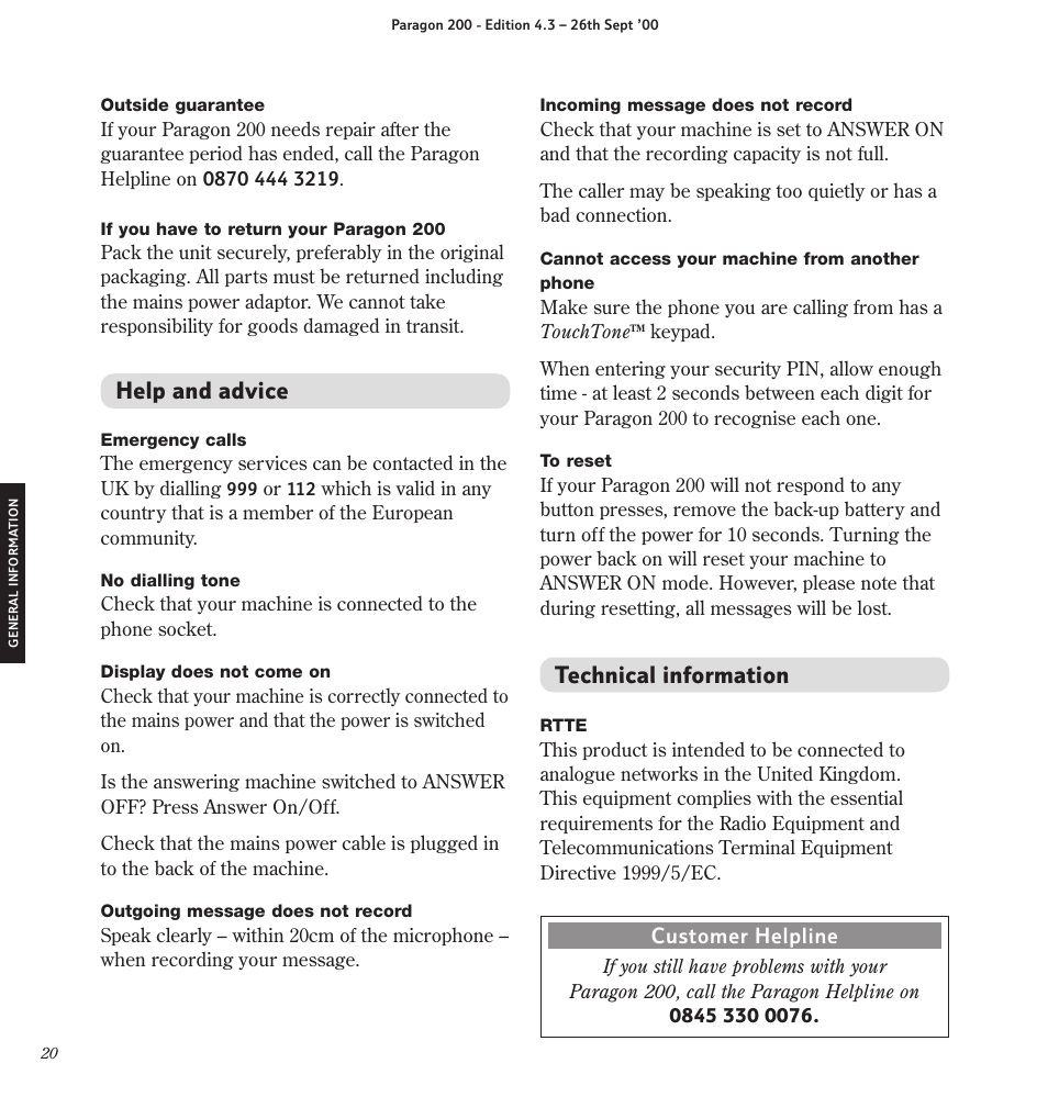 Technical information, Help and advice | BT Paragon 200 User Manual | Page 23 / 28