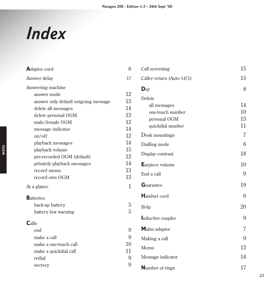 Index | BT Paragon 200 User Manual | Page 26 / 28