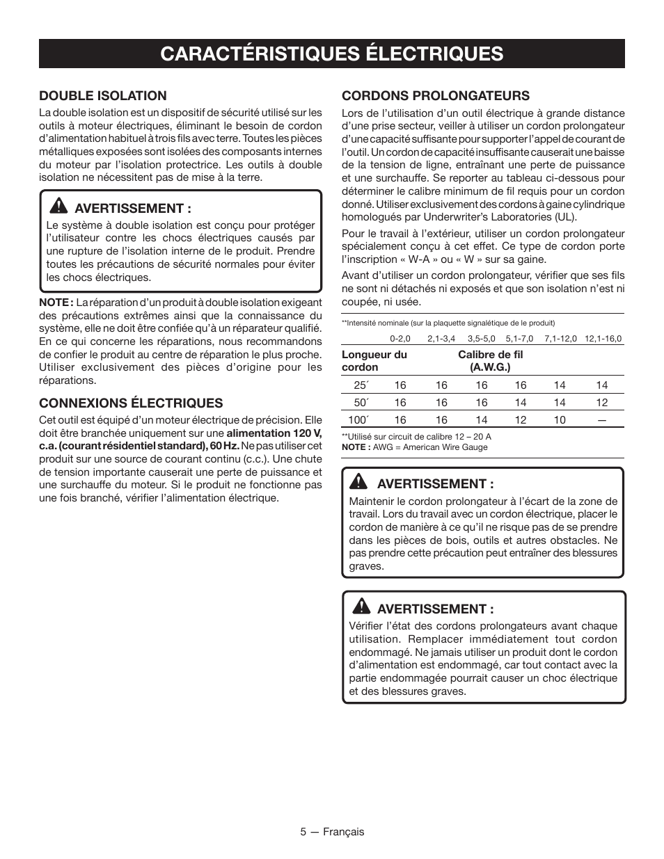 Caractéristiques électriques | Ryobi D42 User Manual | Page 13 / 28
