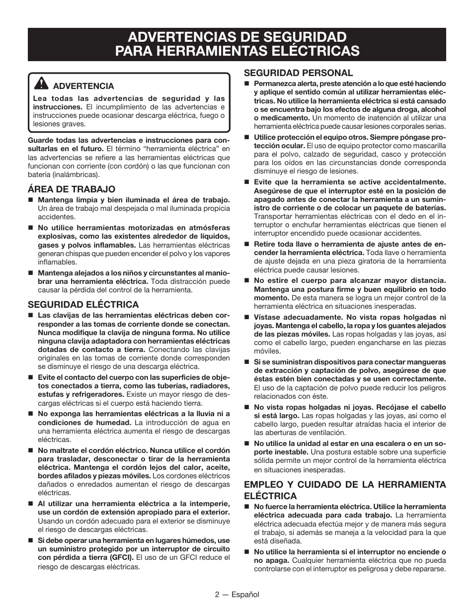 Área de trabajo, Seguridad eléctrica, Seguridad personal | Empleo y cuidado de la herramienta eléctrica | Ryobi D42 User Manual | Page 18 / 28