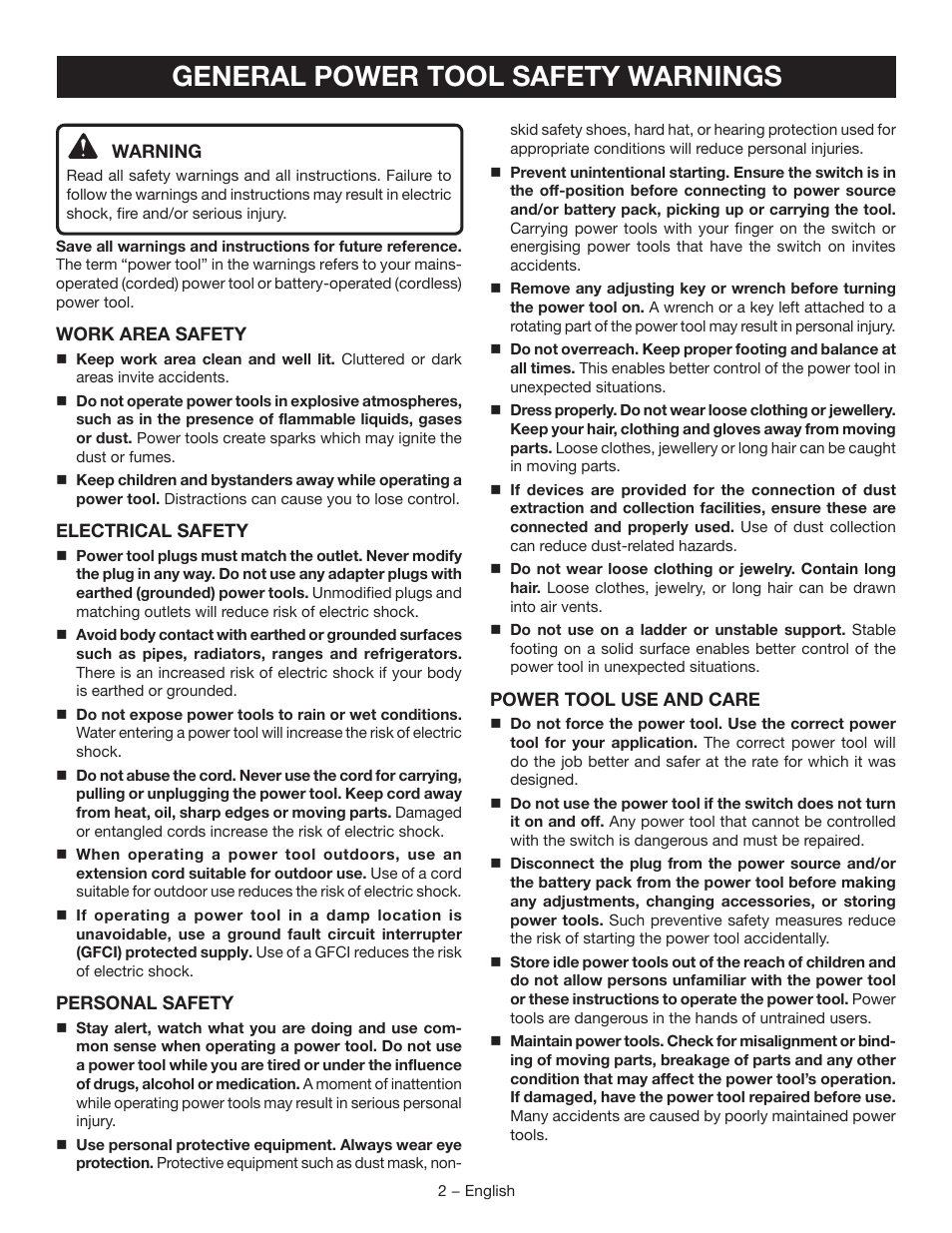 General power tool safety warnings | Ryobi D42 User Manual | Page 2 / 28