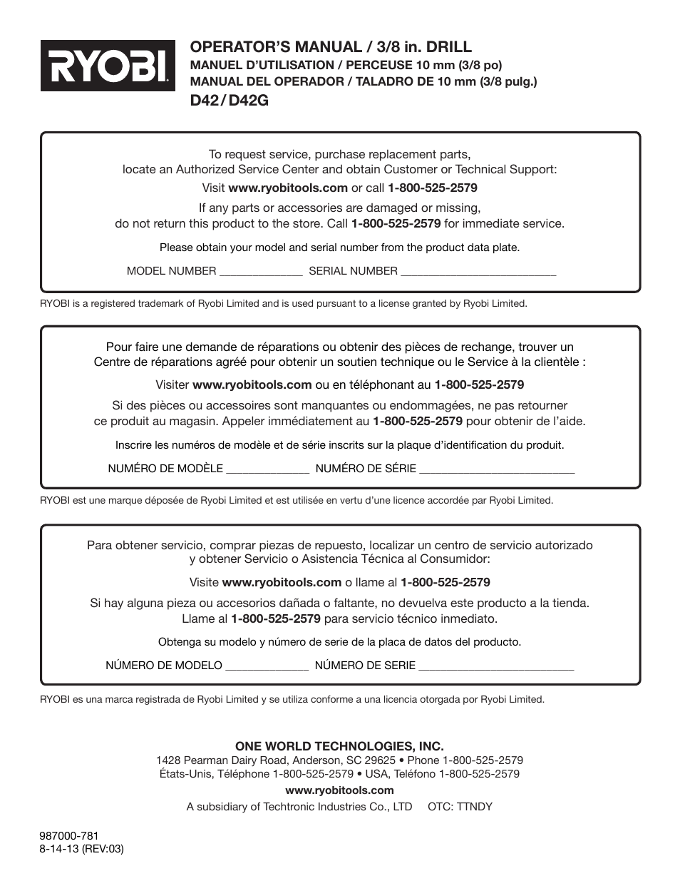 Operator’s manual / 3/8 in. drill, D42 / d42g | Ryobi D42 User Manual | Page 28 / 28