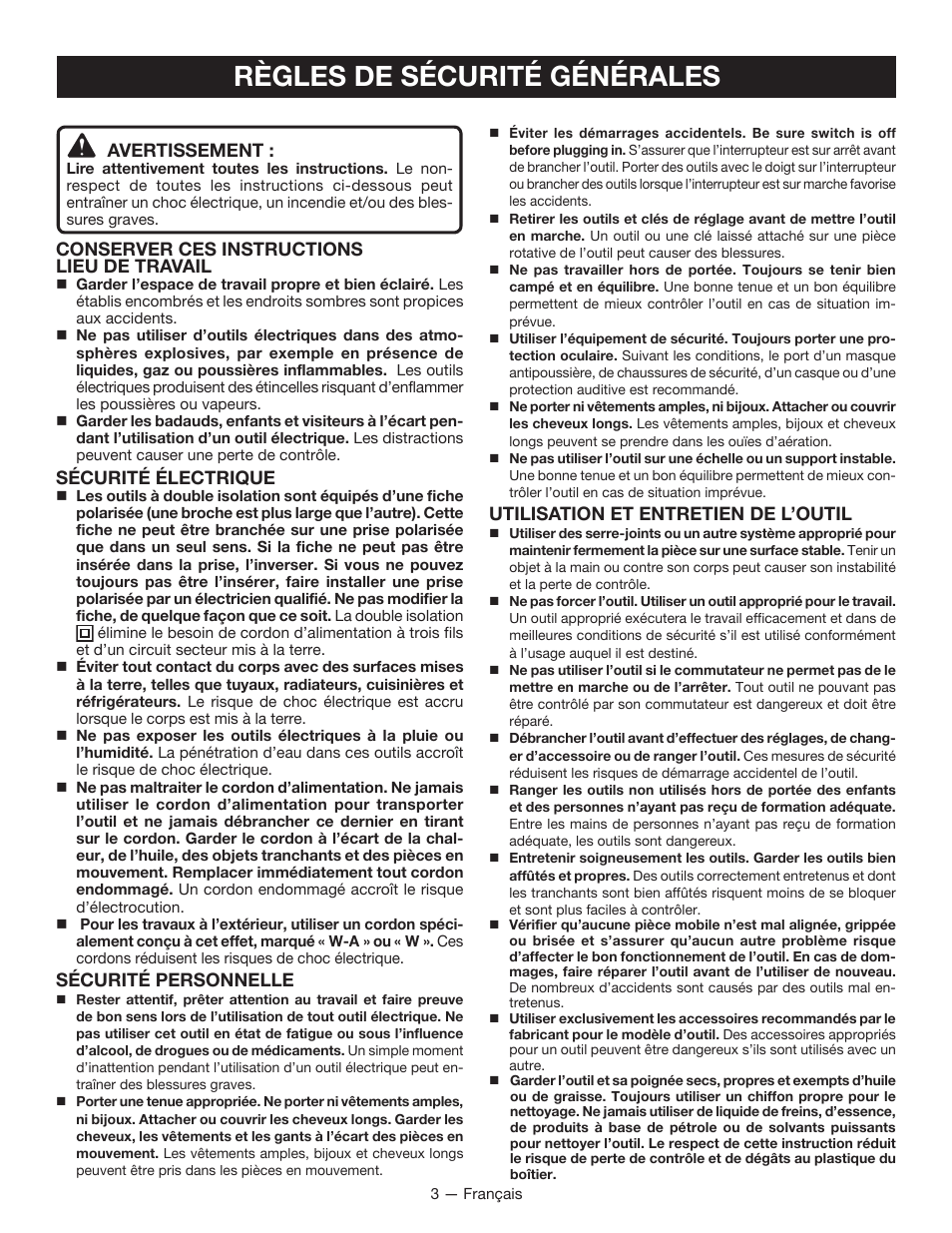 Règles de sécurité générales | Ryobi D46C User Manual | Page 12 / 32