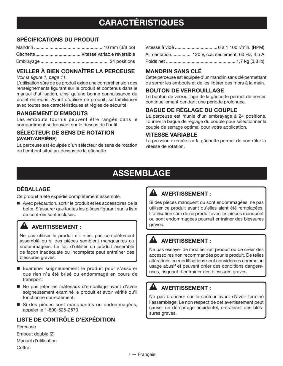 Caractéristiques, Assemblage | Ryobi D46C User Manual | Page 16 / 32