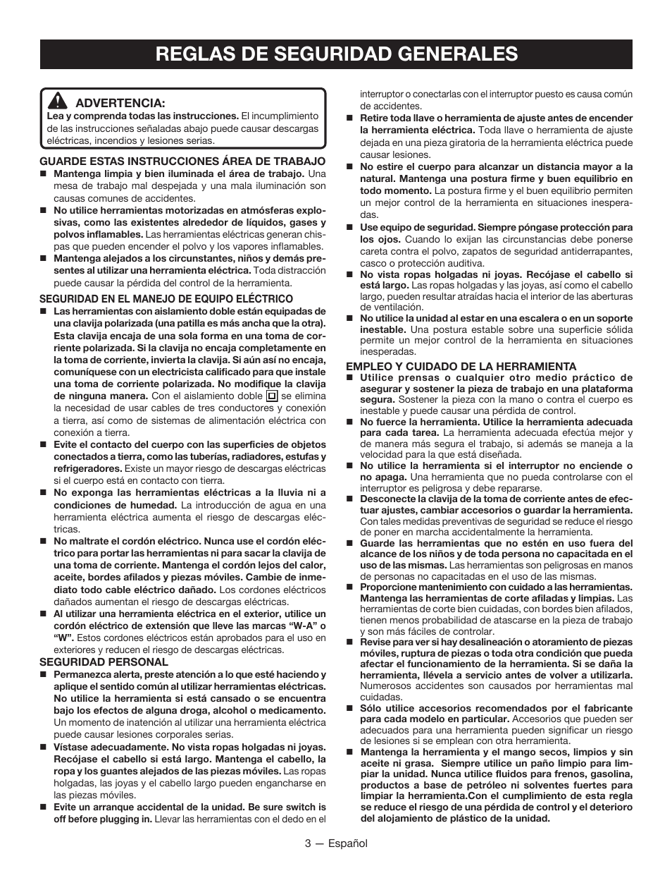 Reglas de seguridad generales | Ryobi D46C User Manual | Page 21 / 32